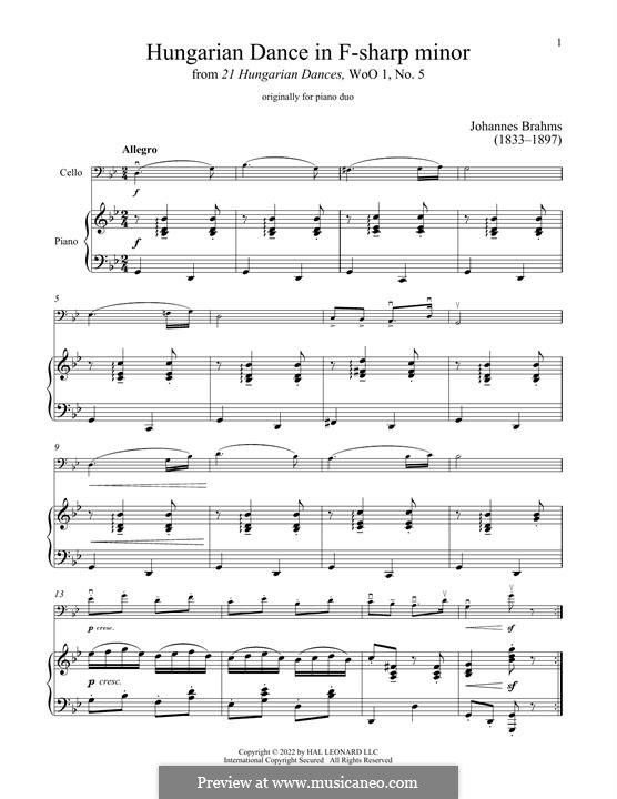 Dance No.5 in F Sharp Minor (Printable scores): para Violoncelo e piano by Johannes Brahms