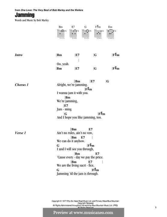 Jamming: Lyrics and guitar chords by Bob Marley