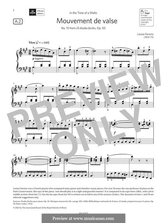 Vingt-cinq études faciles, Op.50: No.15 Mouvement de valse by Louise Farrenc