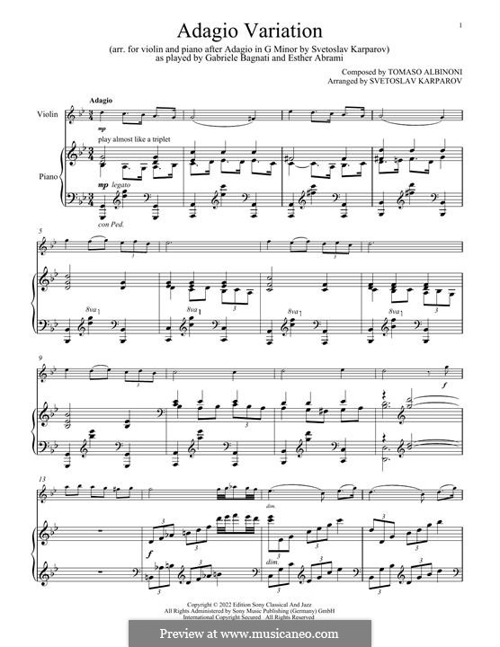 Adagio in G Minor: For violin and piano (variation) by Tomaso Albinoni