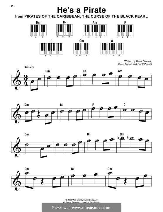 He's a Pirate (from Pirates of the Caribbean: The Curse of the Black Pearl): Facil para o piano by Klaus Badelt