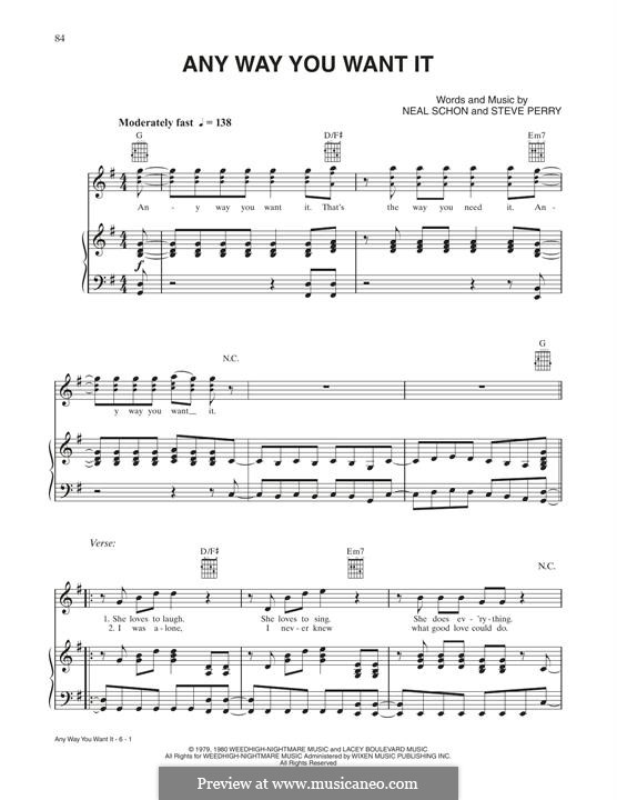 Any Way You Want It (Journey): Para vocais e piano (ou Guitarra) by Neal Schon, Steve Perry