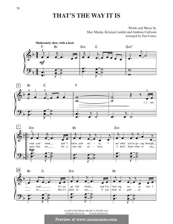 That's the Way It Is (Celine Dion): Para Piano by Andreas Carlsson, Kristian Lundin, Max Martin