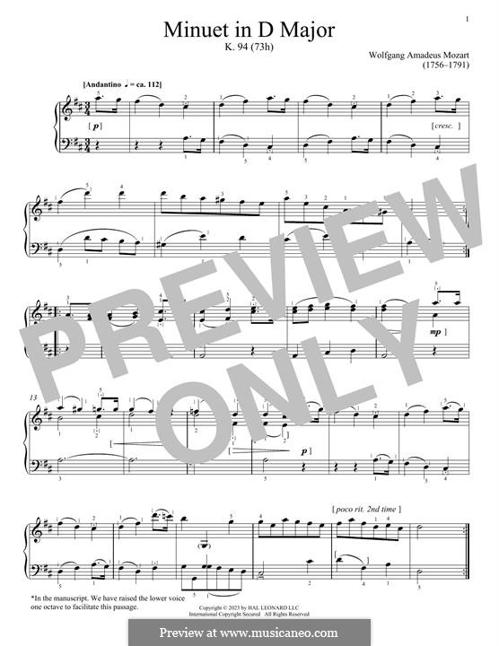 Minuet for Piano in D Major, K.94: para um único musico (Editado por H. Bulow) by Wolfgang Amadeus Mozart