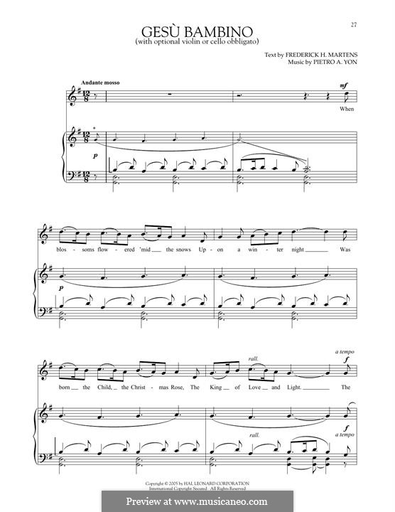 Gesu Bambino (The Infant Jesus): Para vocais e piano by Pietro Yon