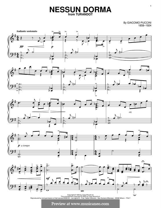 Turandot: Nessun dorma, for piano by Giacomo Puccini
