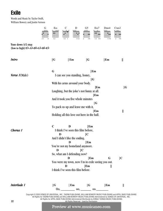 Exile (feat. Bon Iver): Lyrics and guitar chords by Justin Vernon, Taylor Swift, William Bowery