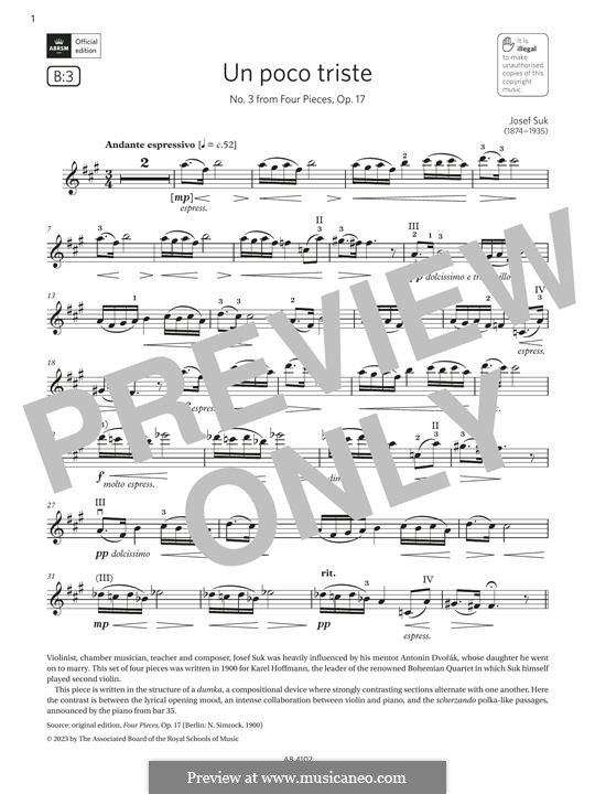 Four Pieces for Violin and Piano, Op.17: No.3 Un poco triste, for violin by Josef Suk