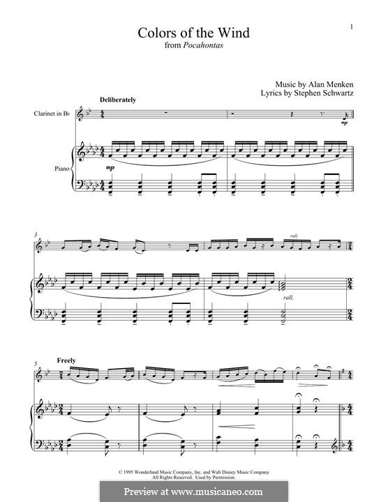 Colors of the Wind (from Pocahontas): para clarinete e piano by Alan Menken