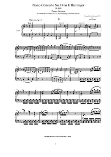 Concerto for Piano and Orchestra No.14 in E Flat Major, K.449: arranjo para piano by Wolfgang Amadeus Mozart