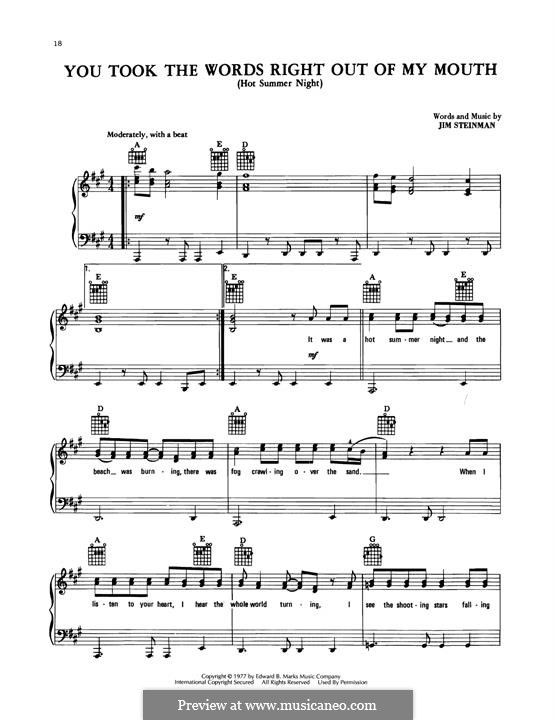 You Took the Words Right Out of My Mouth (Hot Summer Night): Para vocais e piano (ou Guitarra) by Jim Steinman
