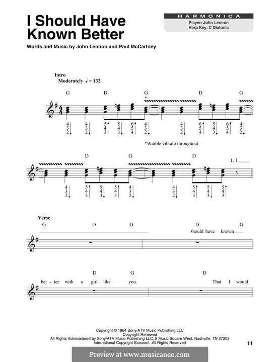 I Should Have Known Better (The Beatles): For harmonica by John Lennon, Paul McCartney