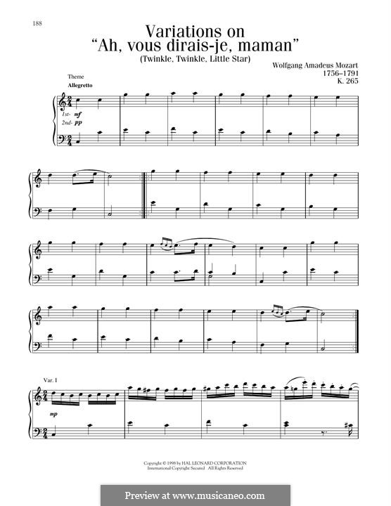Twelve Variations on 'Ah vous dirais-je, Maman', K.265/300e: Para Piano by Wolfgang Amadeus Mozart