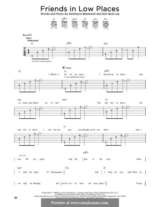 Friends in Low Places (Garth Brooks): Para Guitarra by Dewayne Blackwell, Earl Bud Lee