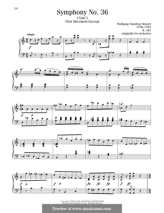Symphony No.36 in C Major, K.425: Movement I, excerpt, for piano by Wolfgang Amadeus Mozart
