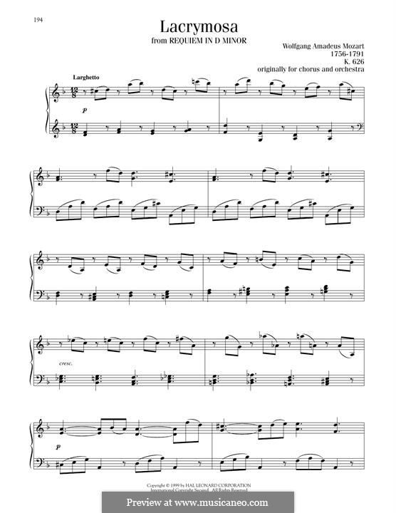 Lacrimosa: Para Piano by Wolfgang Amadeus Mozart