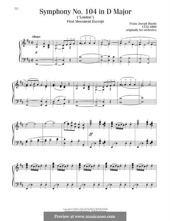 Symphony No.104 in D Major 'London', Hob.I/104: Movement I, excerpt, for piano by Joseph Haydn