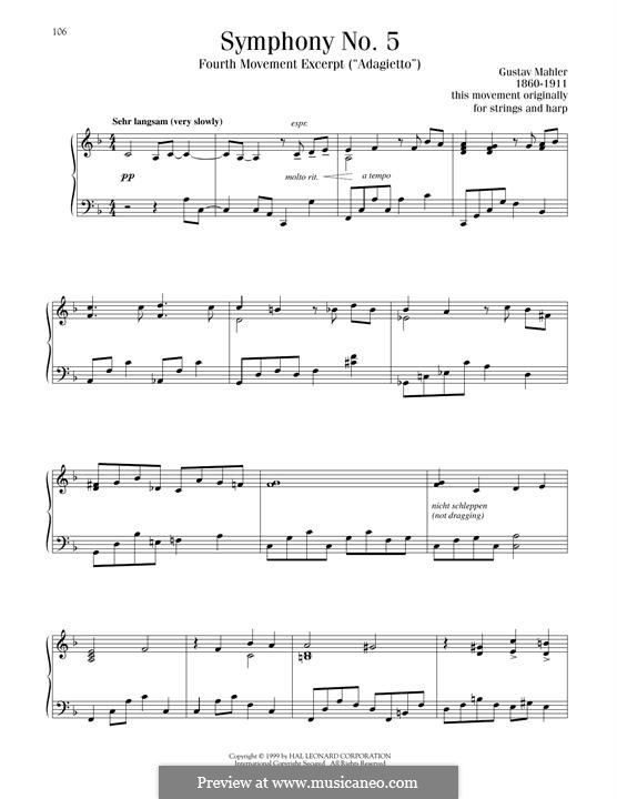 Symphony No.5 in C Sharp Minor: Movement IV (Excerpt), for piano by Gustav Mahler