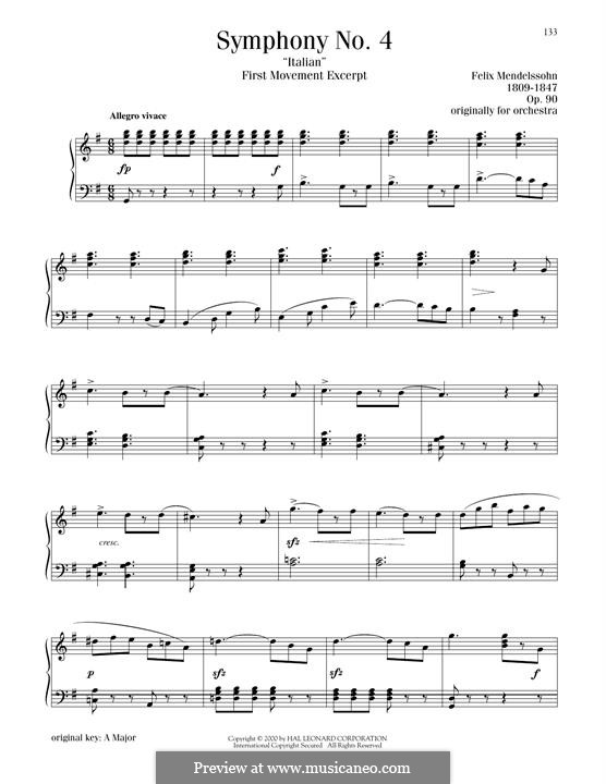 Symphony No.4 in A Major 'Italian', Op.90: Movement I (Excerpt), for piano by Felix Mendelssohn-Bartholdy