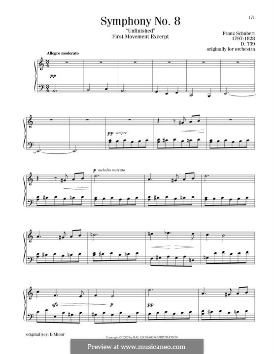 Symphony No.8 in B Minor 'Unfinished', D.759: Movement I, excerpt, for piano by Franz Schubert