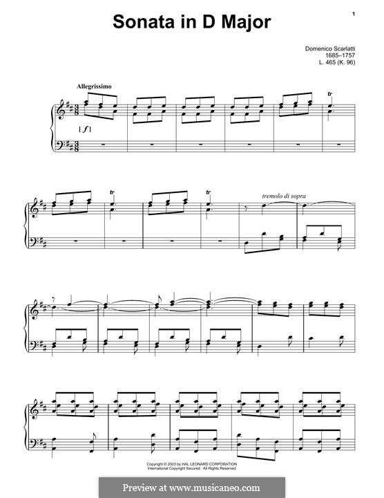 Sonata No.465 in D Major, K.96 L.465 P.210: Para Piano by Domenico Scarlatti