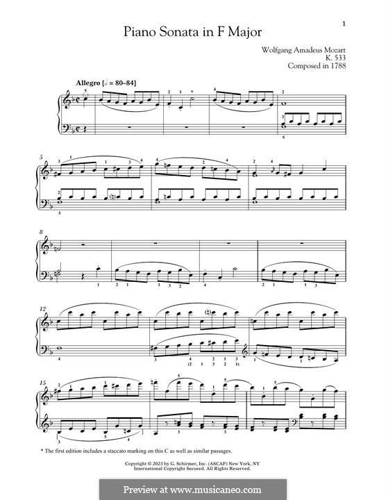 Sonata for Piano No.15 in F Major, K.533/494: para um único musico (Editado por H. Bulow) by Wolfgang Amadeus Mozart