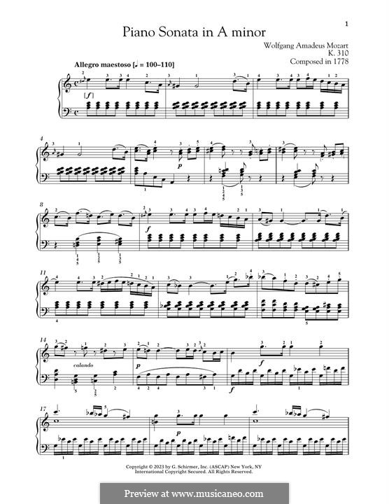 Sonata for Piano No.8 in A Minor, K.310: para um único musico (Editado por H. Bulow) by Wolfgang Amadeus Mozart