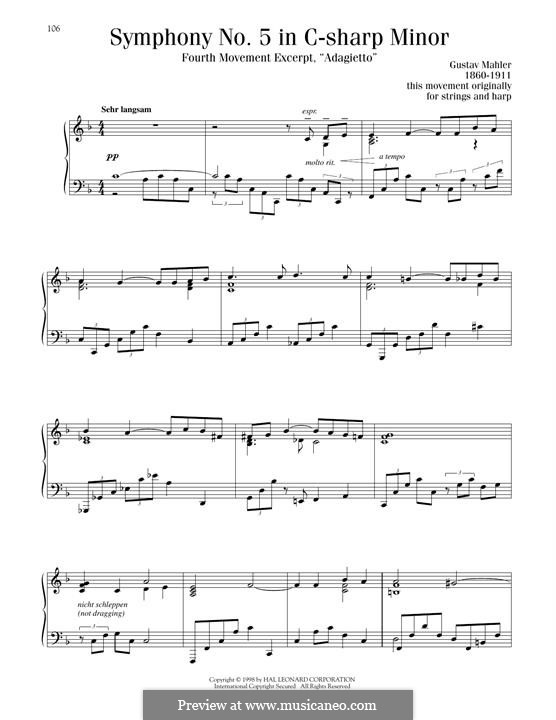 Symphony No.5 in C Sharp Minor: Movement IV (Excerpt), for piano by Gustav Mahler