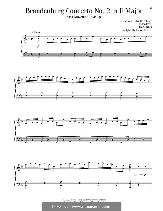 Brandenburg Concerto No.2 in F Major, BWV 1047: Movement I (excerpt, for piano) by Johann Sebastian Bach