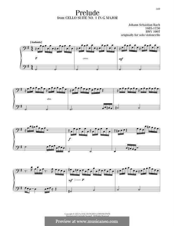 Suite for Cello No.1 in G Major, BWV 1007: Prelude. Version for piano by Johann Sebastian Bach