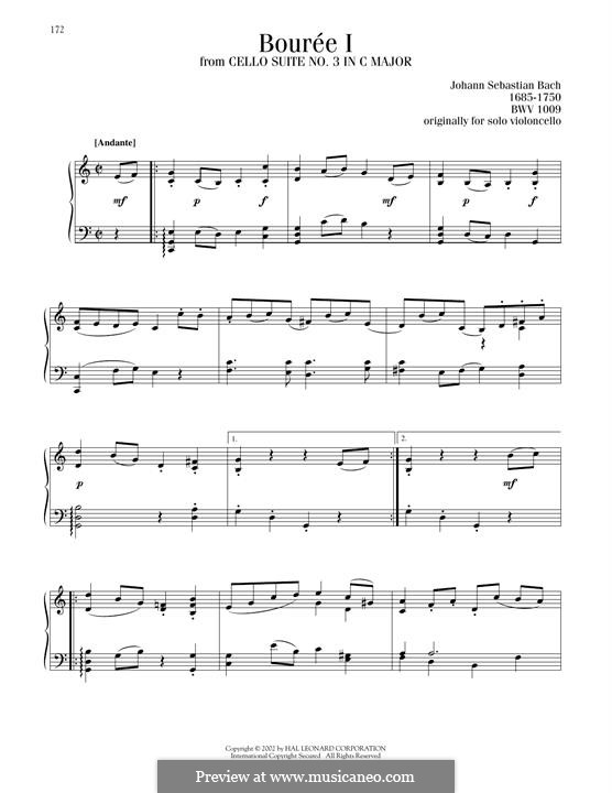 Suite for Cello No.3 in C Major, BWV 1009: Bourrée I, for piano by Johann Sebastian Bach