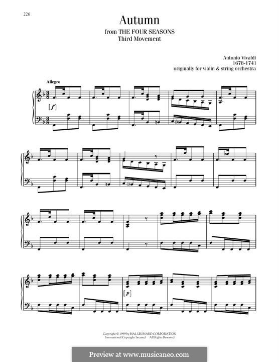 Violin Concerto No.3 in F Major 'L'autunno', RV 293: Movement III, excerpt, for piano by Antonio Vivaldi