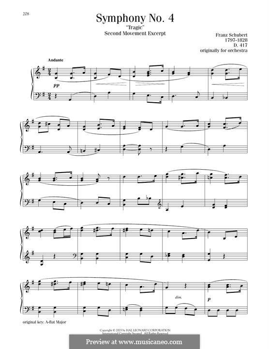 Symphony No.4 in C Minor 'Tragic', D.417: Movimento II (Tema). Versão para piano by Franz Schubert