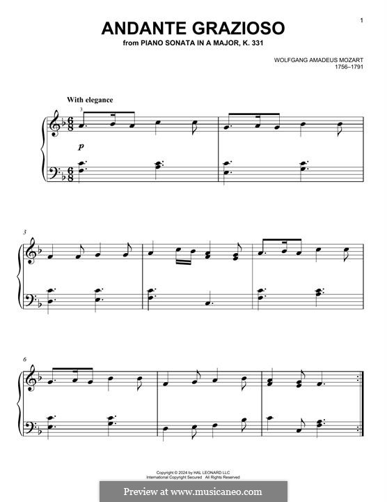 Movement I Andante Grazioso: tema para piano by Wolfgang Amadeus Mozart
