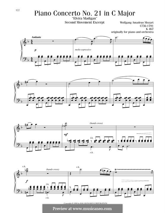 Concerto for Piano and Orchestra No.21 in C Major, K.467: Movement II (Excerpt). Version for piano by Wolfgang Amadeus Mozart