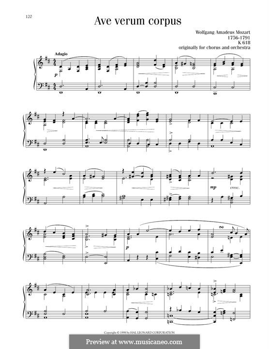 Ave verum corpus (Printabel Scores), K.618: Para Piano by Wolfgang Amadeus Mozart