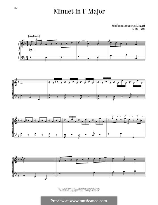 Minuet for Piano in F Major, K.5: para um único musico (Editado por H. Bulow) by Wolfgang Amadeus Mozart