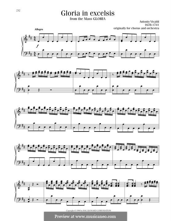 Gloria, RV 589: Gloria In Excelsis, for piano by Antonio Vivaldi