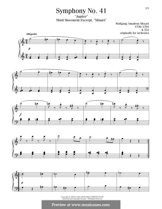 Symphony No.41 in C Major 'Jupiter', K.551: Movement III, Excerpt, for piano by Wolfgang Amadeus Mozart