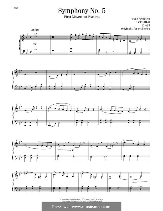 Symphony No.5 in B Flat Major, D.485: Movement I. Excerpt, for piano by Franz Schubert