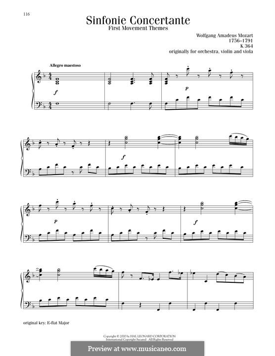Sinfonia Concertante for Violin, Viola and Orchestra in E Flat Major, K.364: Movement I, themes, for piano by Wolfgang Amadeus Mozart