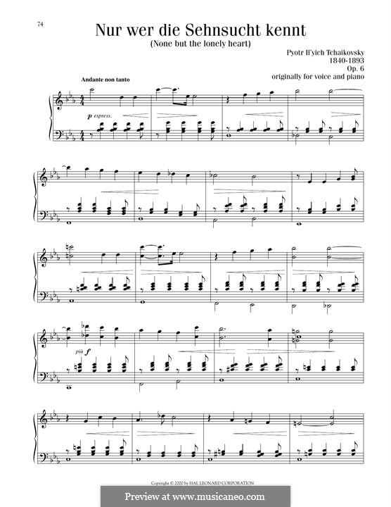 Six Romances, TH 93 Op.6: No.6 None But the Lonely Heart, for piano by Pyotr Tchaikovsky