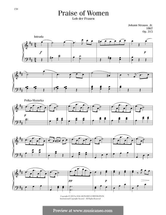Praise of Women, Op.315: Para Piano by Johann Strauss (Sohn)