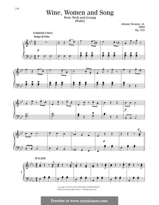 Wine, Women and Song, Op.333: Para Piano by Johann Strauss (Sohn)