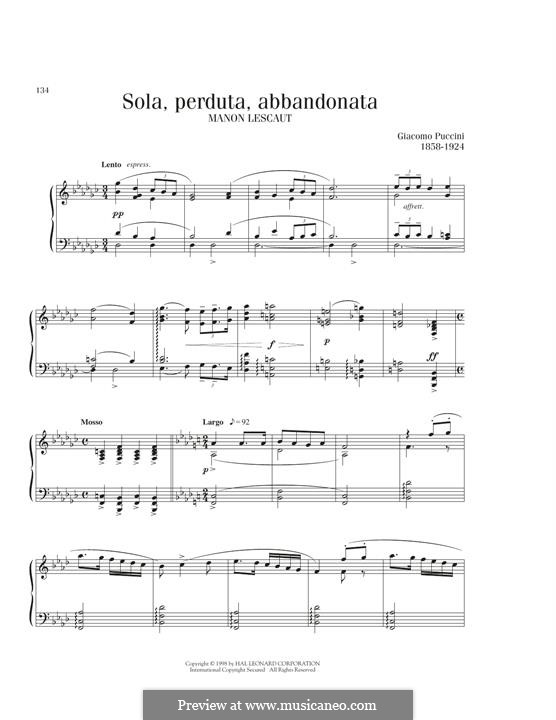Manon Lescaut : Sola, Perduta, Abbandonata, for piano by Giacomo Puccini