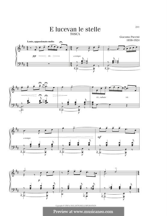 Tosca: E lucevan le stelle, for piano by Giacomo Puccini