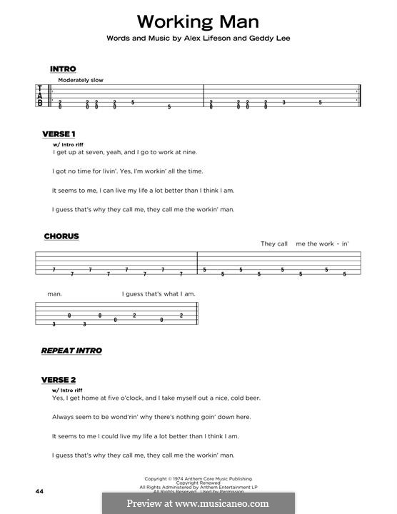 Working Man (Rush): Lyrics and guitar chords by Alex Lifeson