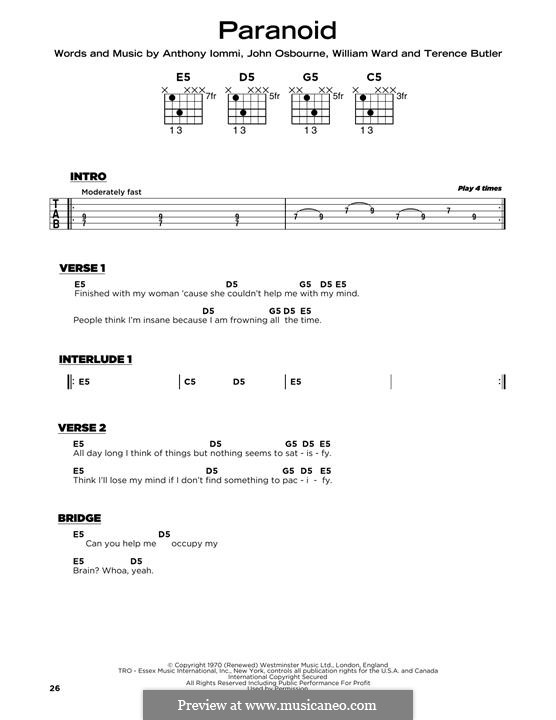 Paranoid (Black Sabbath): Lyrics and guitar chords by Geezer Butler, Ozzy Osbourne, Tony Iommi, Bill Ward