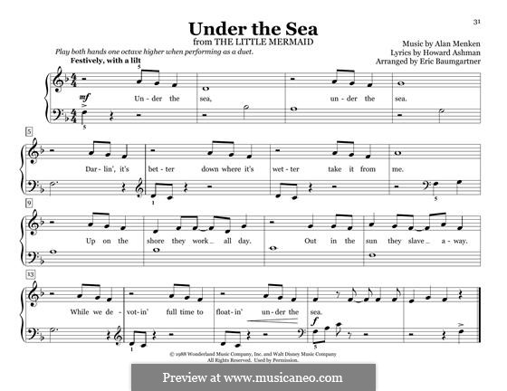 Under the Sea (from The Little Mermaid): para piano de quadro mãos by Alan Menken