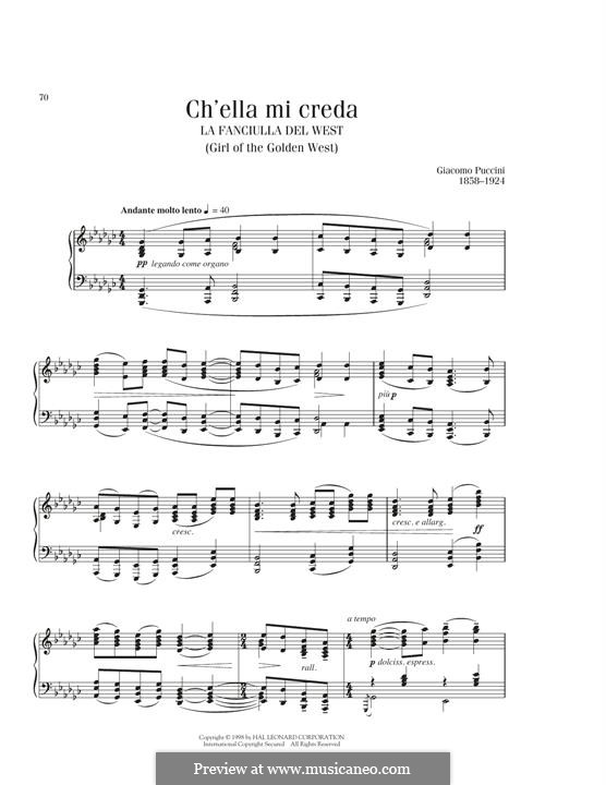 La fanciulla del West (The Girl of the West): Ch'ella mi creda, for piano by Giacomo Puccini